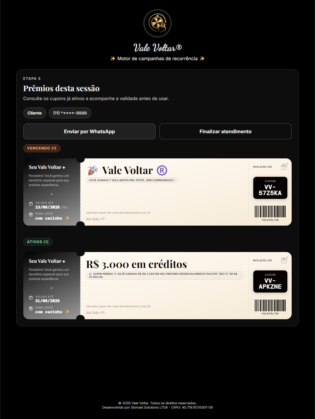 Tela real do PLAY com os vales do cliente organizados: ativos e próximos do vencimento